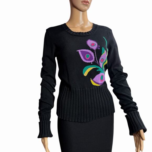 Dkny Sweaters - DKNY Jeans Womens Sweater Sz L Slim Fit Black Floral Knit Extra Long Sleeves Y2K